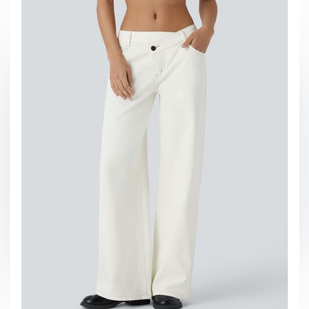 Halara off white asymmetrical low rise waist soft denim wide leg jeans, new - Picture 1 of 9